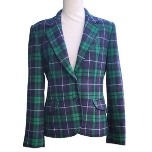 VTG The Villager Blazer Women's Glen Plaid Green Blue Wool Jacket Size 14